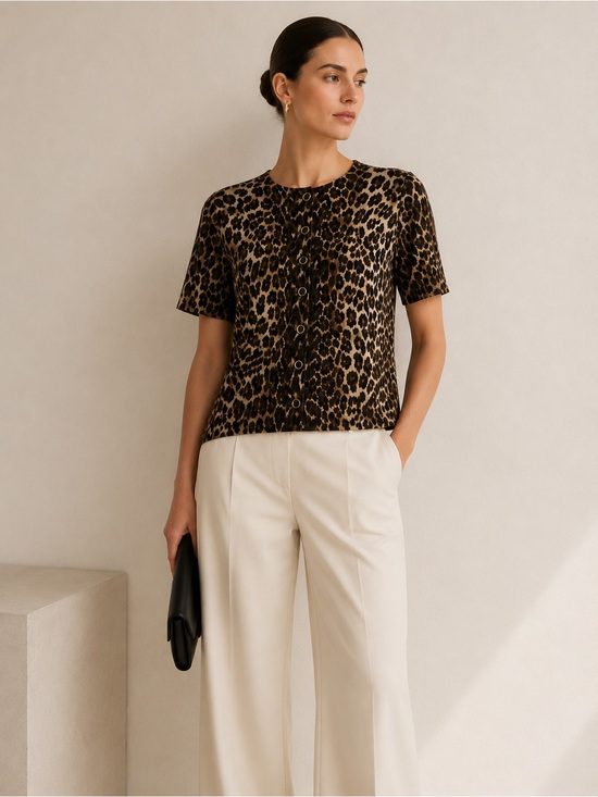 Lafayette 148 New York Tops - Lafayette 148 New York Leopard Print Button Front Knit Cardigan Top SZ L
